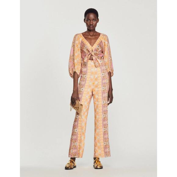 NWT Sandro Knotted Floral Print Jumpsuit Beige‎ Linen Blend FR 40 / US 8 Summer - Picture 1 of 13